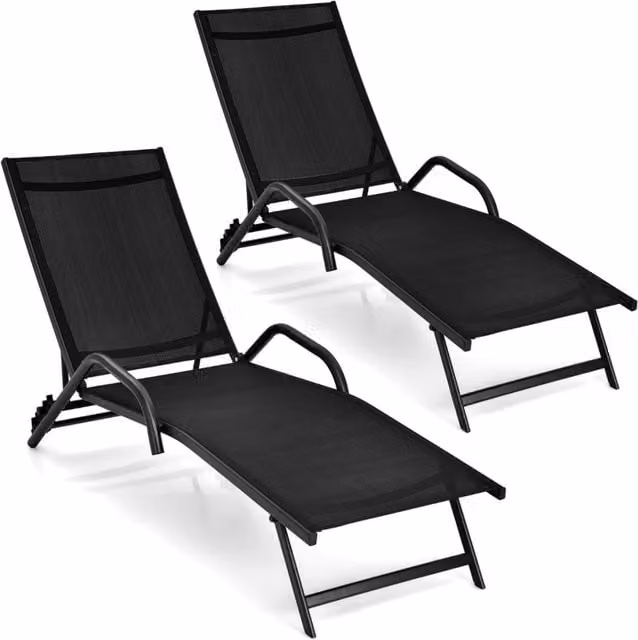Set di 2 chaise longue da esterno con sedile traspirante, Sedie a sdraio reclinabili in 5 posizioni Nero