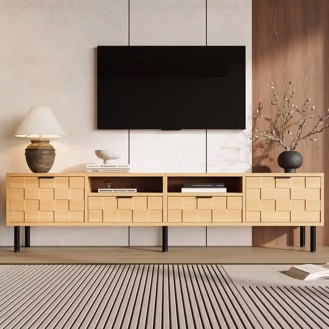 Mobile TV Minimal con 2 cassetti e 2 ante colore rovere e beige, L: 200 cm, P: 35 cm, H: 44,5 cm