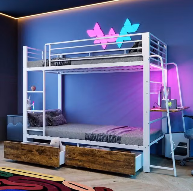 Letto a soppalco 90x200 cm con scrivania; illuminazione LED; MDF e metallo; bianco