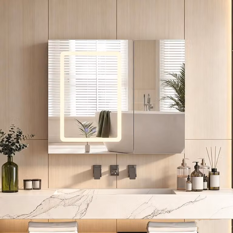 INONEFT, mobiletti specchio da bagno con illuminazione LED a 3 colori e ripiani regolabili, 2 ante, 70x60 cm, bianco