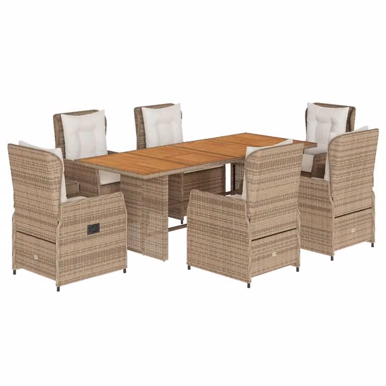 Set da Pranzo da Giardino 7 pz con Cuscini Beige in Polyrattan