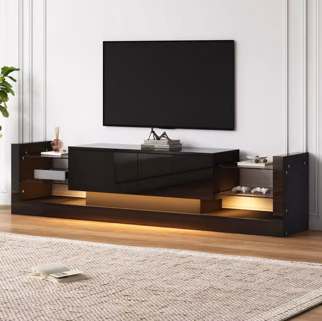 Mobile TV moderno MODFU nero lucido con frontale in vetro e LED, Larghezza: 181 cm