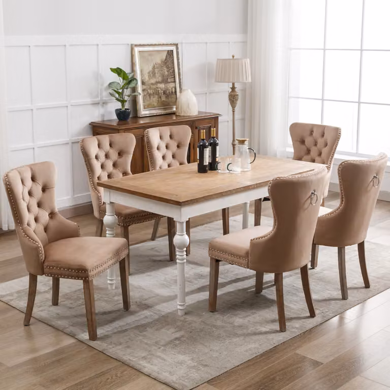 okwish, set di 6 sedie da pranzo, sedia da cucina, poltrona per il soggiorno con poggiapiedi, poltrona imbottita in velluto, color beige chiaro