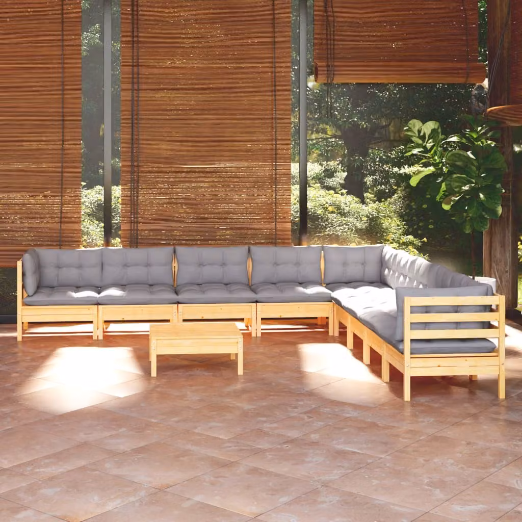 The Living Store Set da giardino da 10 pezzi con cuscini grigi in legno di pino massiccio