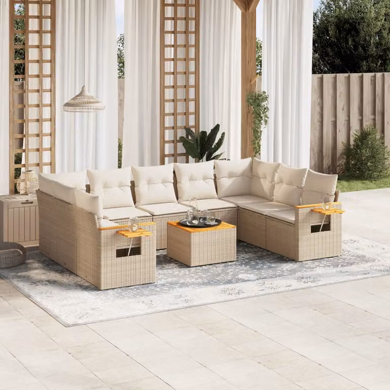 Set Divano da Giardino vidaXL 10 pz in Polyrattan con Cuscini Beige e Tavolino da Esterno a Forma di L
