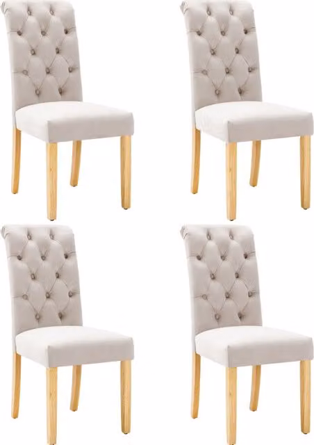 Set da 4 Sedie da Pranzo in Velluto Beige con Gambe in Quercia, Design con Bottoni e Maniglia Cromata