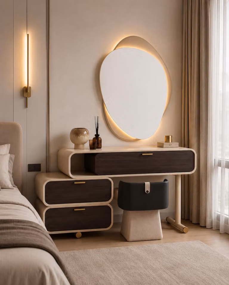 Set per camera da letto, composto da: comò da trucco, poggiapiedi, specchio, design moderno, colore beige, confortevole