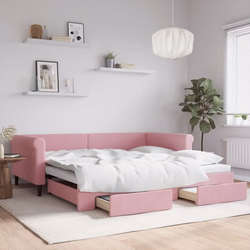 vidaXL Divano Letto Estraibile in Velluto Rosa con Cassetti, L/P/H: 229 x 100 x 68 cm