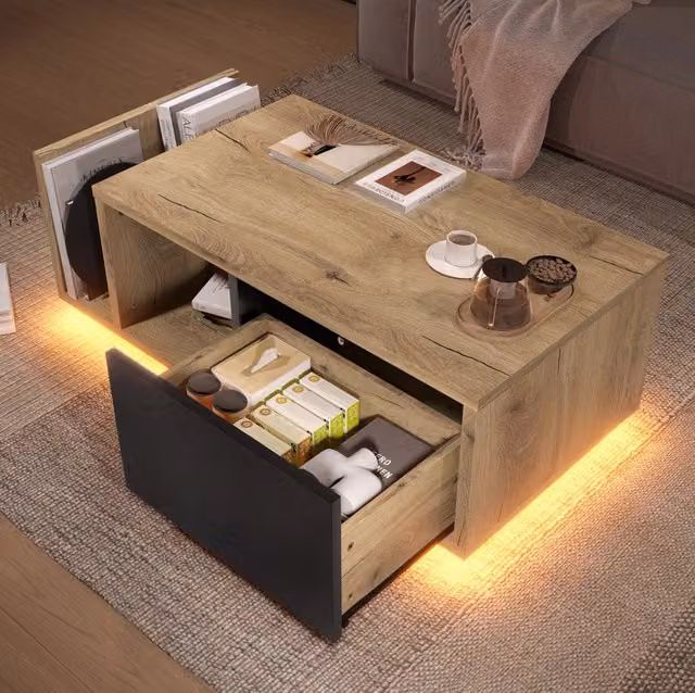 Tavolino retro multifunzione in legno ingegnerizzato con LED e cassetto