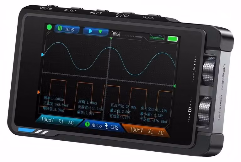 FNIRSI DS215H: Oscilloscopio portatile 2-in-1 con generatore di segnali, display da 3,5 pollici, 2 canali, 50 MHz