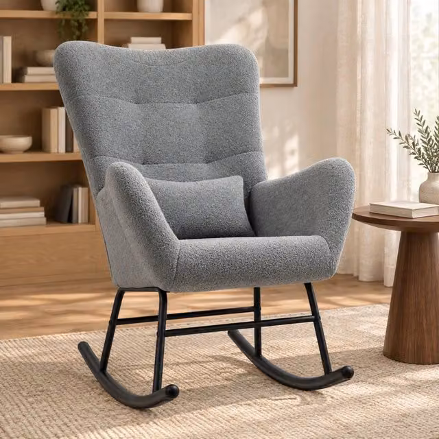 Sedia a dondolo ULEVR 67x95x100 cm in tessuto teddy grigio con tasca laterale e schienale imbottito