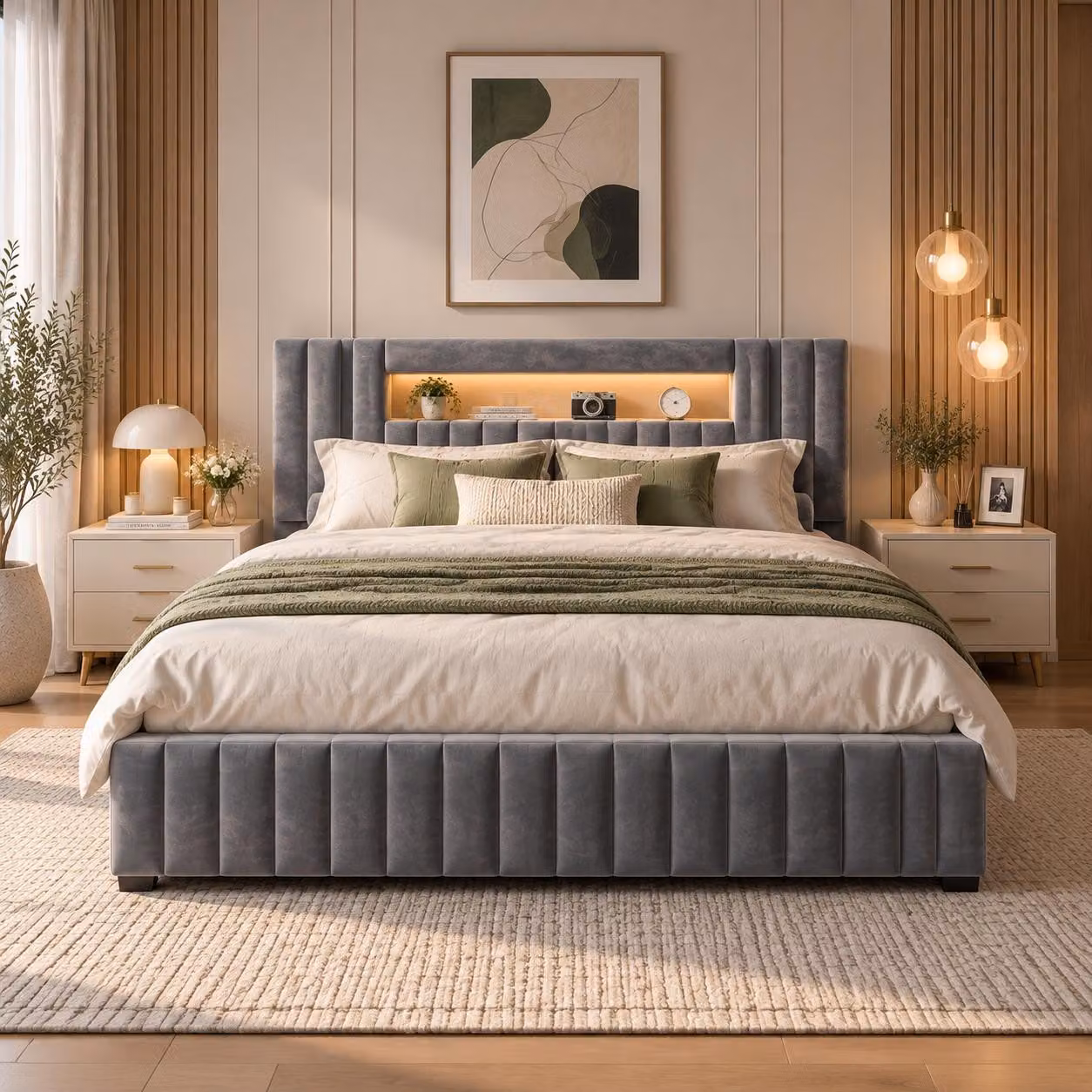 Letto imbottito INONEFT, 140x200 cm, con LED, con sistema di sollevamento idraulico per lo spazio contenitivo, letto matrimoniale per ragazzi con spazio contenitivo nella testiera, struttura del letto con rete a doghe, rivestito in velluto grigio