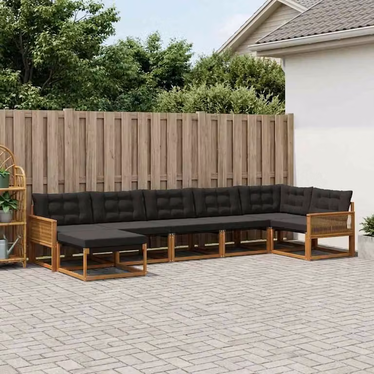 Set di divani da esterno vidaXL 7 pz a forma di L in legno di acacia con cuscini in tessuto textilene, colore marrone e nero