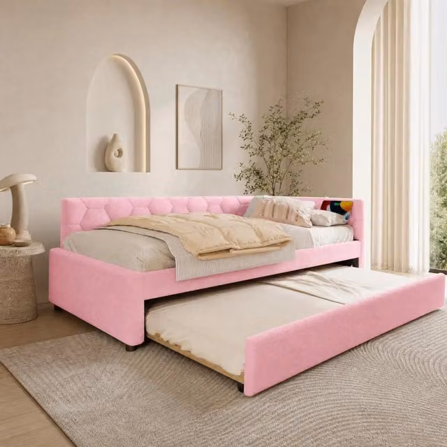 Letto Daybett 90x200 cm con Rete a Doghe, Letto Estraibile Multifunzionale, Lampada da Comodino, USB e Tipo-C, Bouclé Rosa