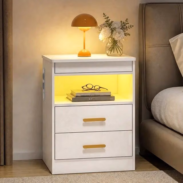Comodino con 2 cassetti, vano aperto, prese di corrente e LED RGB per camera da letto, in MDF bianco lucido, 45×40×59 cm