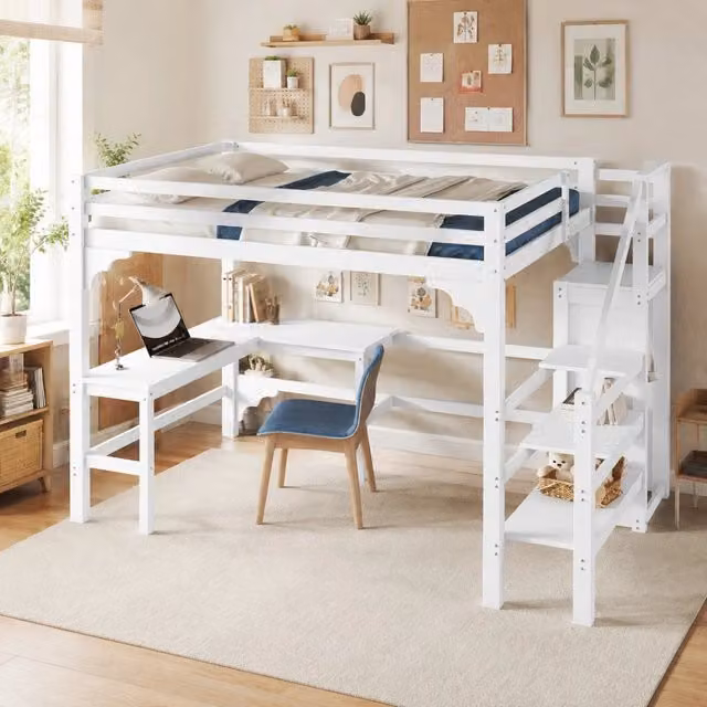 Letto a soppalco 140x200 cm con scrivania a L, armadio aperto, legno di pino bianco