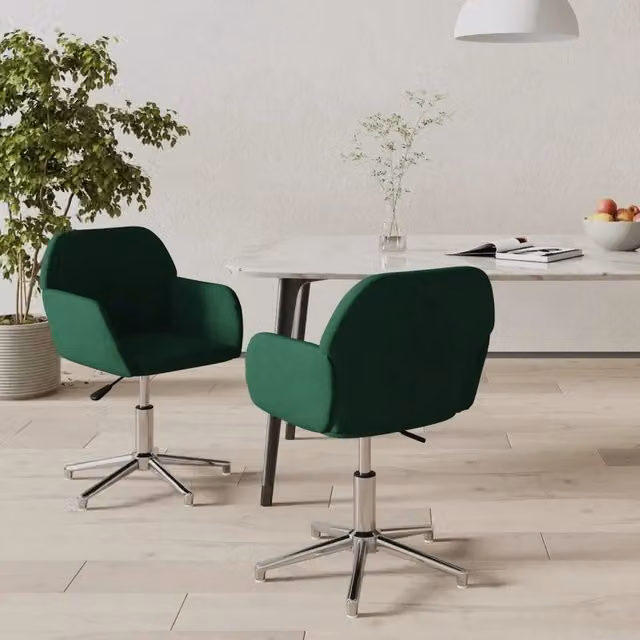 Set di 2 sedie da pranzo girevoli a 360 gradi vidaXL in tessuto verde con struttura in metallo, plastica e legno per cucina e soggiorno