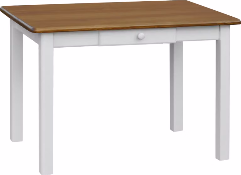 Tavolo bianco con cassetto in legno di pino massiccio con piano in colore rovere 130 x 70 cm