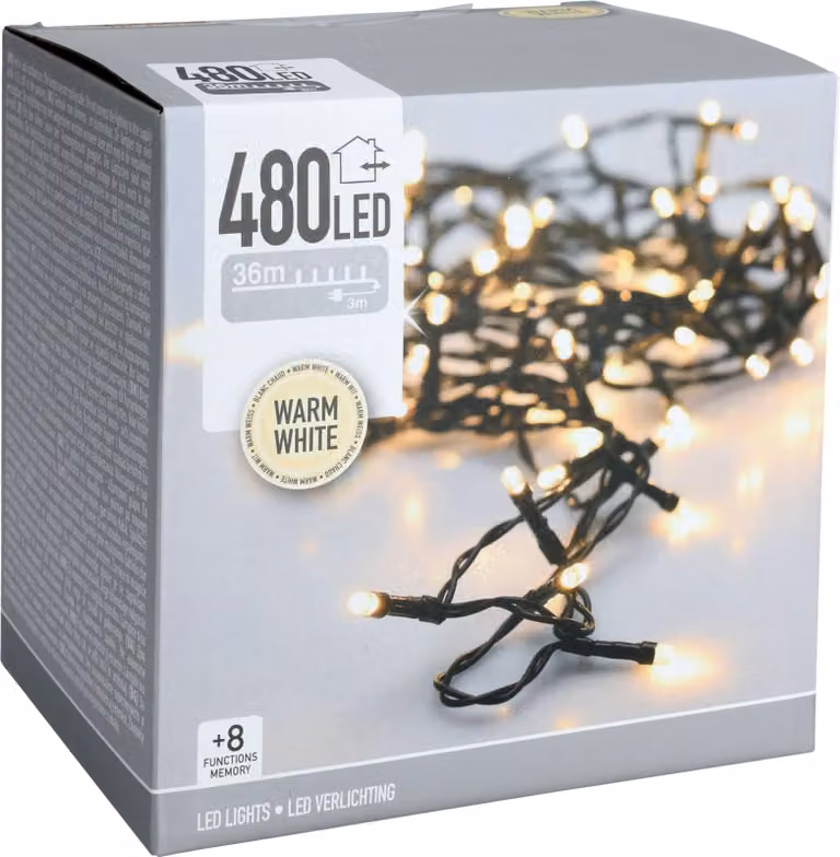 Fata LED bianco caldo, 480 LED, cavo verde, interno/esterno, 39 m