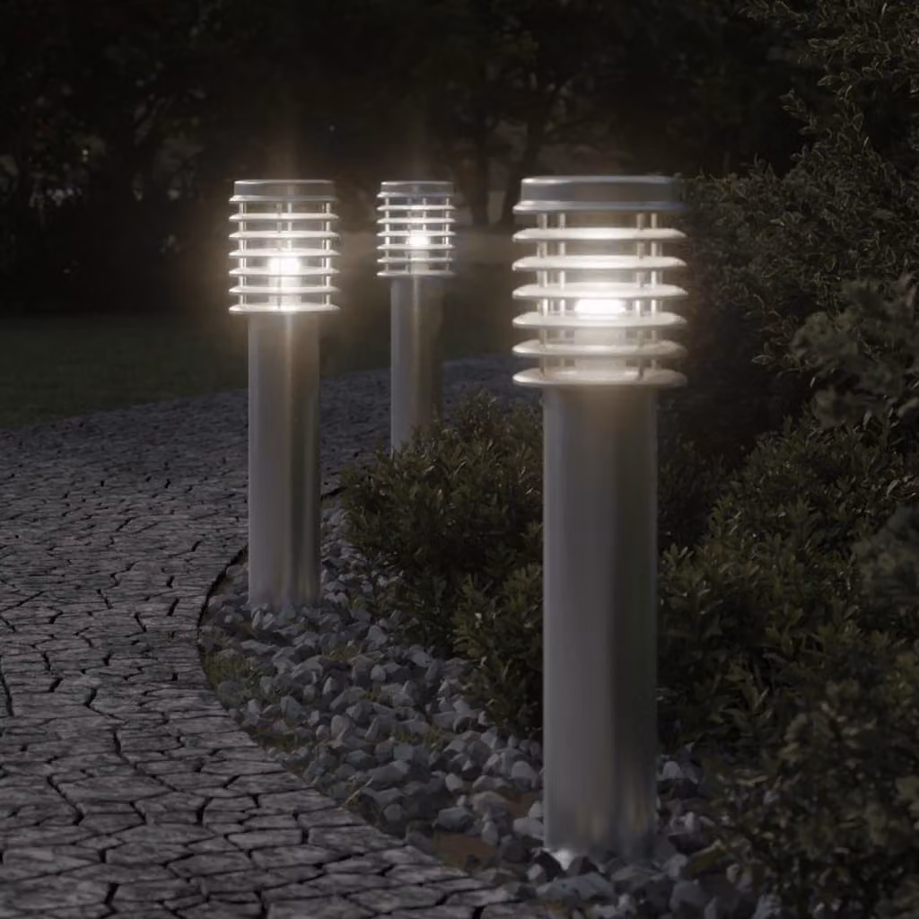 Set di 3 lampade da terra per esterni vidaXL in acciaio inox e plastica, colore argento, Altezza: 60 cm
