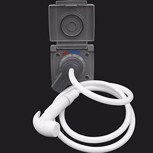 Doccia esterna con tubo da 2 metri - Contenitore grigio per l'acqua, ideale per camper e caravan