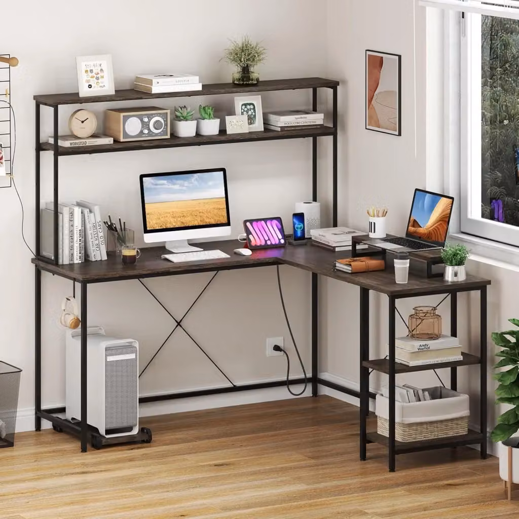 Scrivania Gaming a Forma di L Costway Grigia con Striscia LED e Supporto CPU per Studio e Lavoro L: 145 cm, P: 147 cm, H: 76 cm – 2