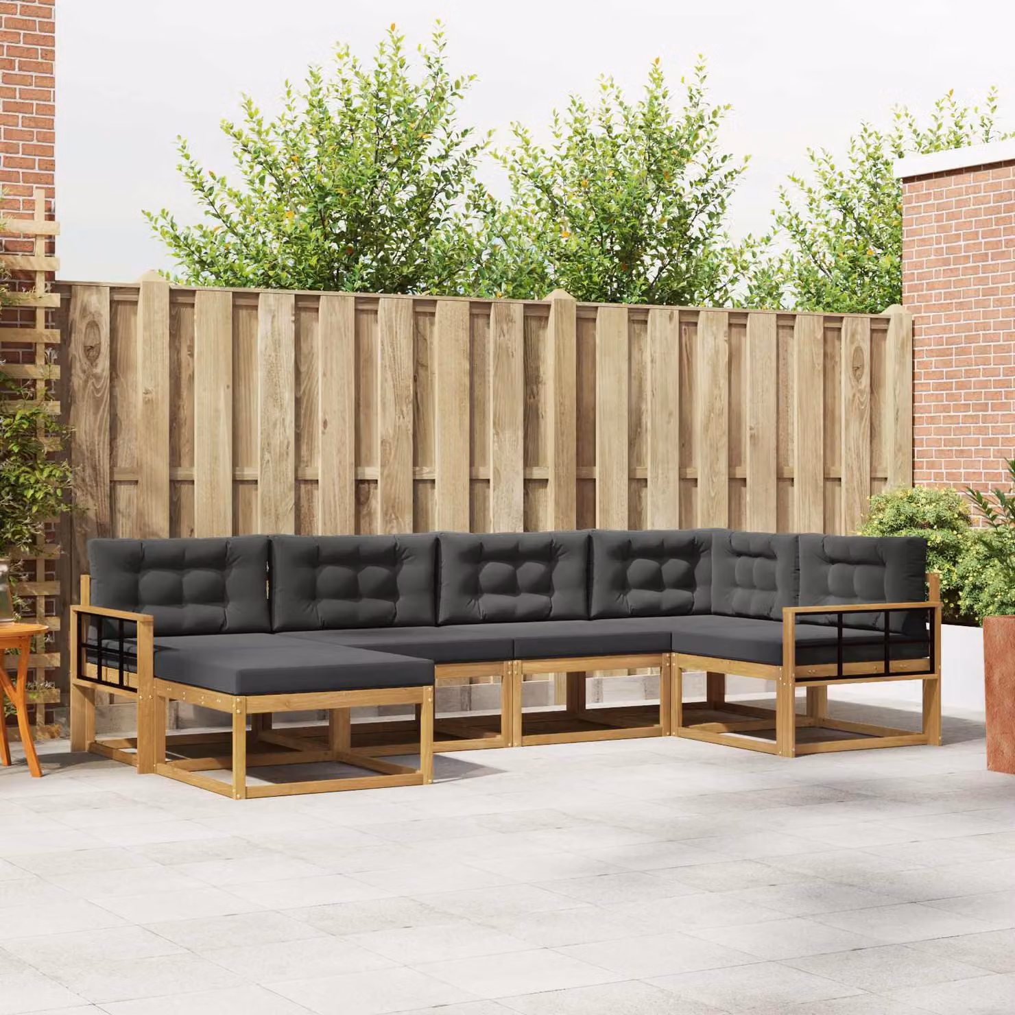 Set di divani da esterno vidaXL a forma di L con pouf, in legno di acacia e tessuto bianco e antracite