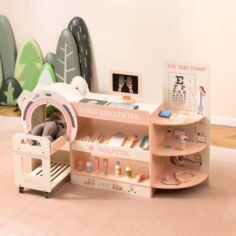 Set gioco dottore in legno Costway per bambini, kit ospedale rosa per gioco di ruolo con cartello per vista