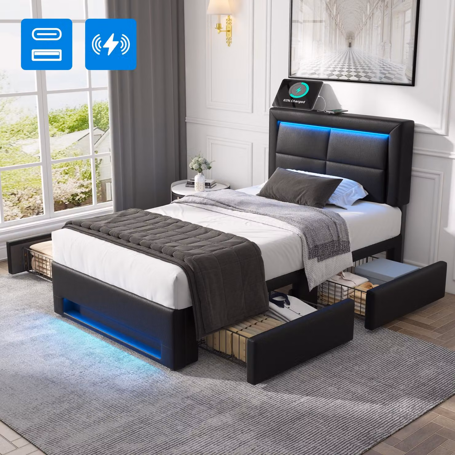 Letto imbottito 90x190 cm, con connessione USB, con illuminazione LED e quattro cassetti, senza materasso, motivoPoliuretanoLitschi, nero