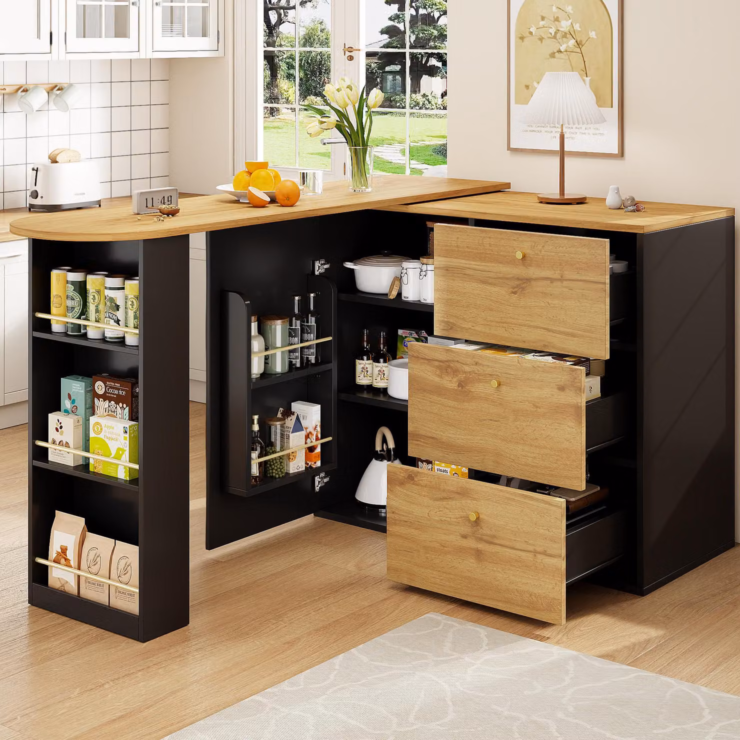 STILVORA Isola da cucina con 3 cassetti, tavolo da bar allungabile ruotabile a 360°, mobile da cucina in MDF con ripiani, nero+vena di legno