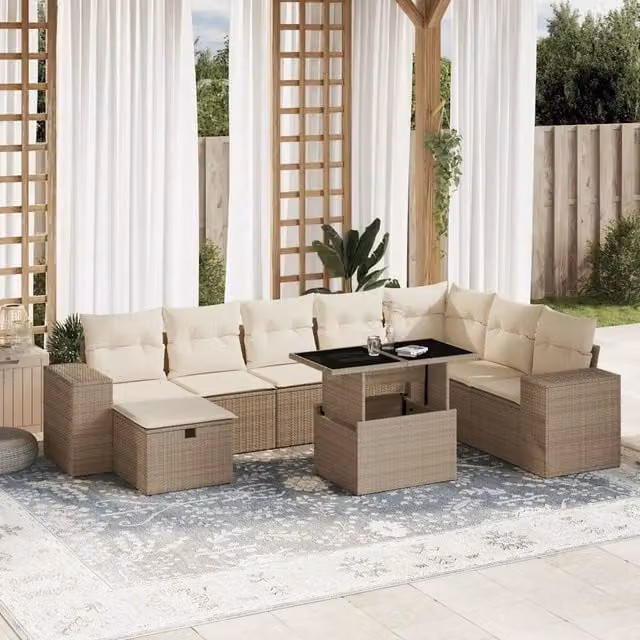 Set Divano da Giardino Moderno vidaXL a Forma a L con 9 Pezzi, Cuscini Beige e Tavolino, Struttura in Metallo e Polyrattan per Terrazza e Giardino