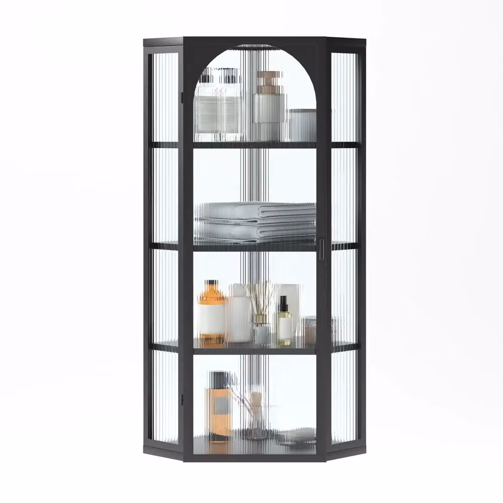Armadietto a parete angolare Minimal nero con ante in vetro trasparente e 4 ripiani per bagno, cucina o camera da letto, H 105 cm x L 40 cm x P 40 cm – 2