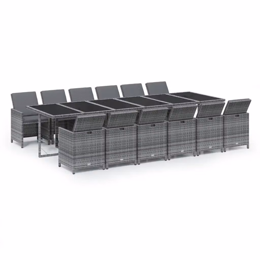 Set da pranzo per giardino vidaXL da 13 pezzi in polyrattan con cuscini e piano in vetro, Grigio e Nero – 2
