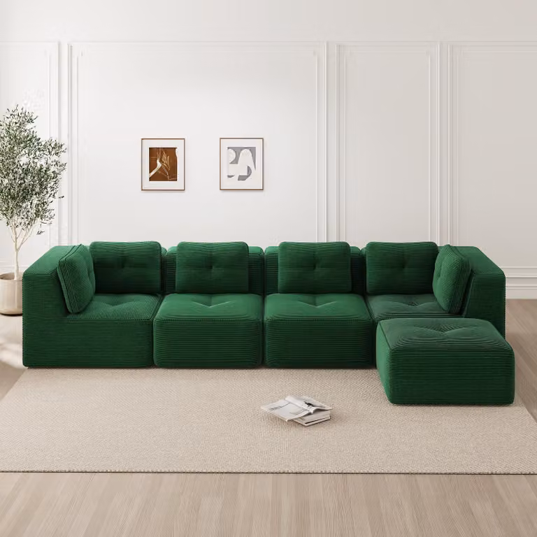 Divano modulare per soggiorno, senza necessità di montaggio, 4 posti, rivestito in corda, seduta profonda, antiscivolo (verde)