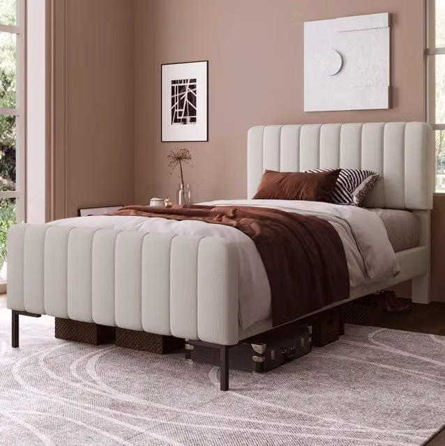 Letto singolo imbottito ULEVR 90x200 cm con testiera regolabile e rete a doghe, grigio-beige in lino