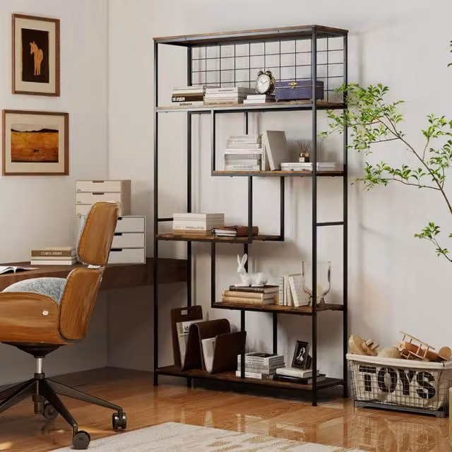Porta piante industriale autoportante con rete metallica e design geometrico a 6 livelli, Marrone