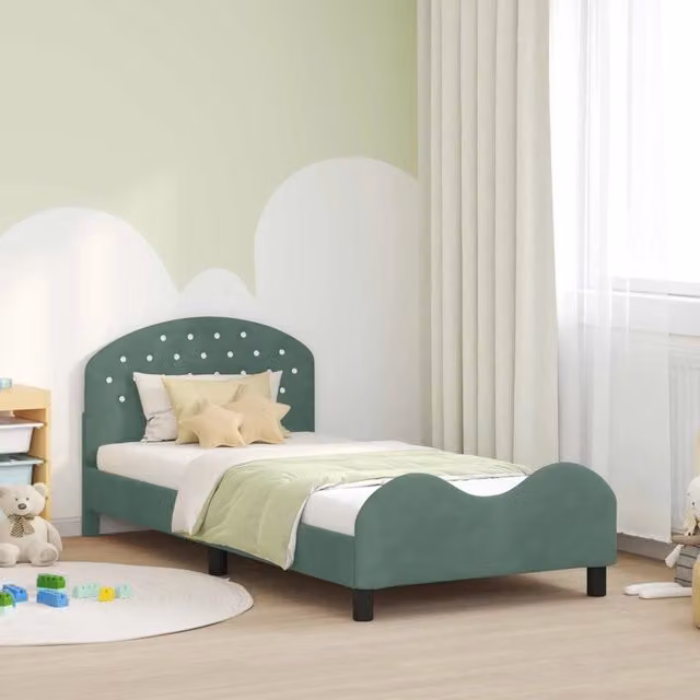 Struttura letto per bambini in velluto verde con testata e giroletto, L 80 cm x P 200 cm x H 103 cm (H 103 cm, L 80 cm, P 200 cm)