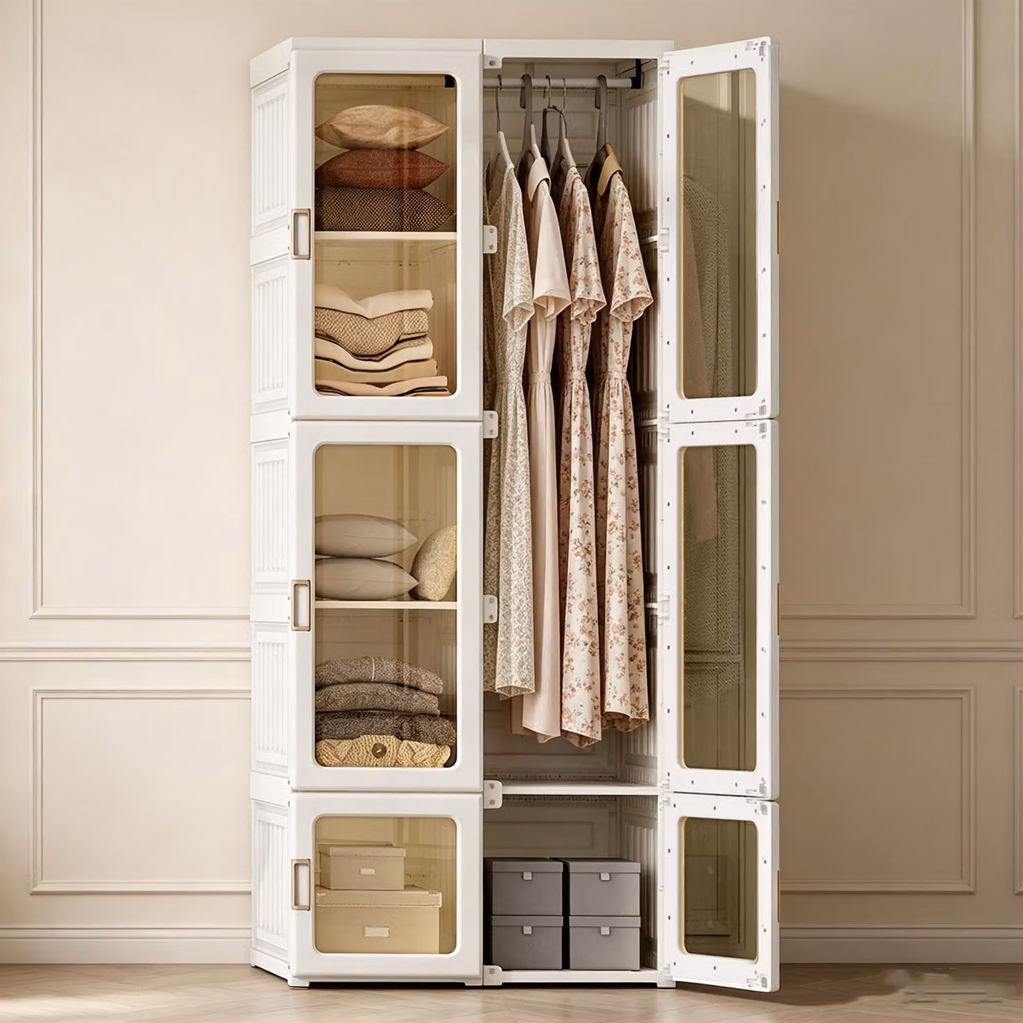 Armadio INONEFT, 69x50x170 cm, armadio pieghevole multifunzione con 1 asta appendiabiti, 10 scomparti, ante magnetiche, armadio guardaroba per soggiorno, bianco