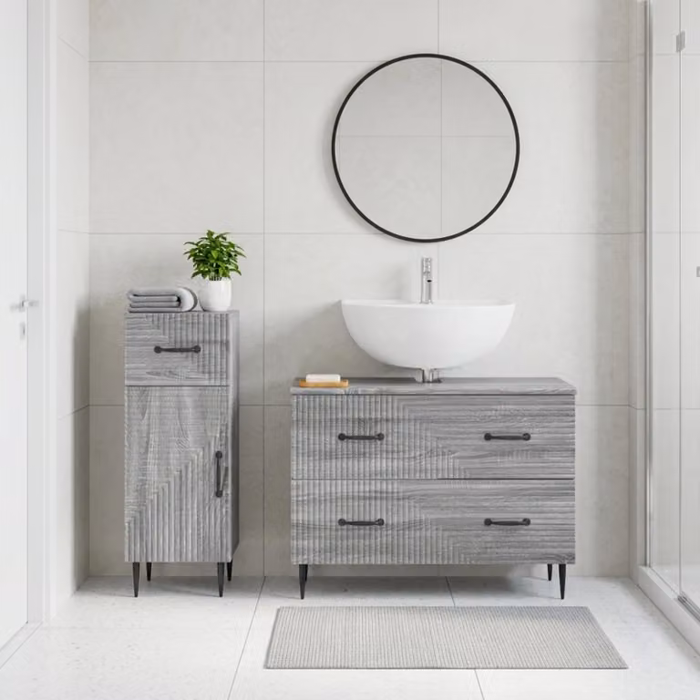 Set di mobili da bagno vidaXL HAARLEM composto da 2 pezzi in stile moderno, colore grigio Sonoma, con mobile sottolavabo e armadietto laterale autoportante