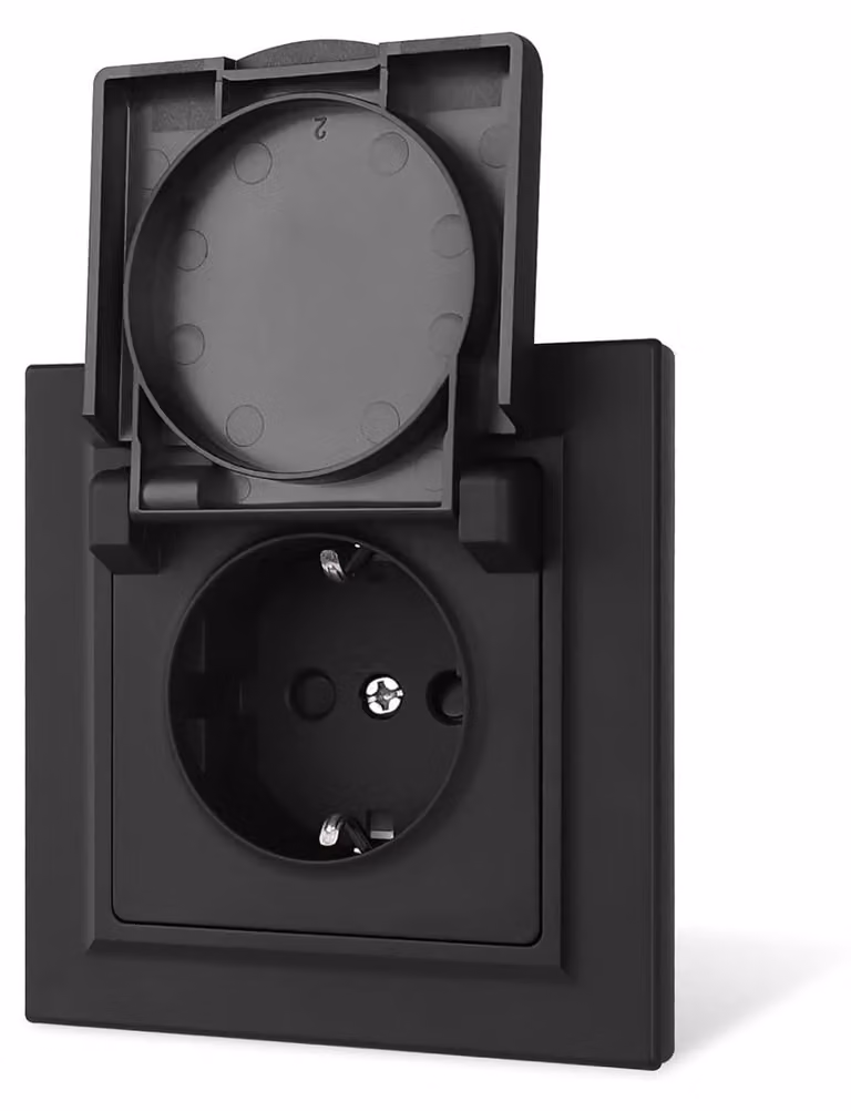 Prese a muro impermeabili, semplici da installare, tipo Schuko, colore nero, con coperchio, per uso esterno
