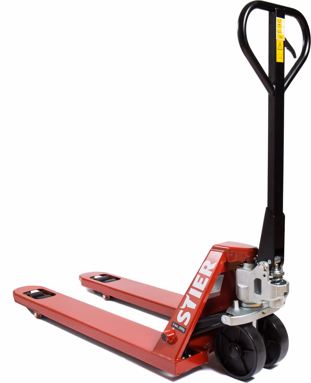 Transpallet STIER, transpallet con portata 2500 kg, lunghezza forche 1150 mm, ruote in nylon, rosso, transpallet, transpallet manuale, angolo di sterzata di 210°, sistema idraulico manuale esente da manutenzione
