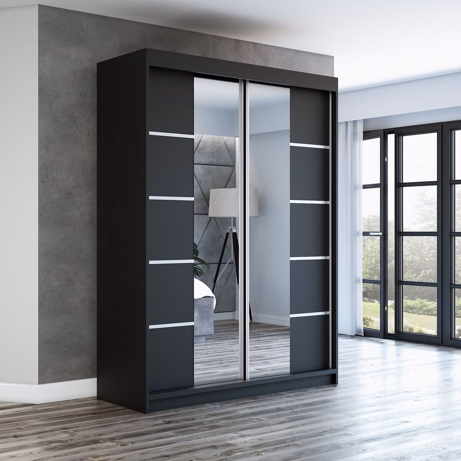 Armadio a porte sospese, a 2 ante, modello ERA 160 cm (con specchio) (nero / nero / nero)