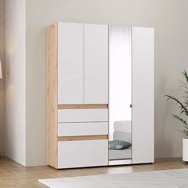 Armadio da camera da letto DMORA Ushuaia con specchio e illuminazione LED, Bianco Opaco e Rovere, L: 155 cm, H: 208 cm