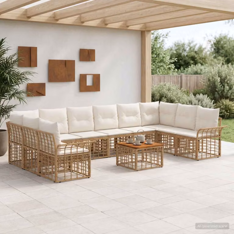 vidaXL Set di divani da esterno 11 pezzi per 10 persone in stile rustico, colore beige e bianco con struttura in acciaio e legno di acacia