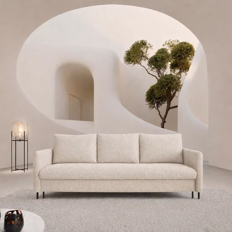 Divano letto Sofello BELIssA beige in tessuto bouclé, con contenitore per biancheria e cuscini – divano con funzione letto, superficie di riposo 202x150 cm. Spedizione in 3 giorni!
