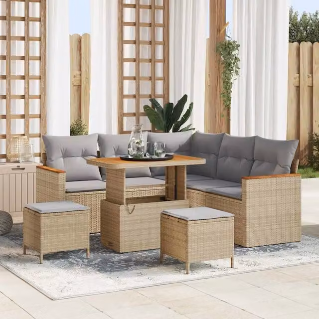 Set Divano da Giardino 8 pz 5-Numero di posti Beige Poly Rattan 3364997