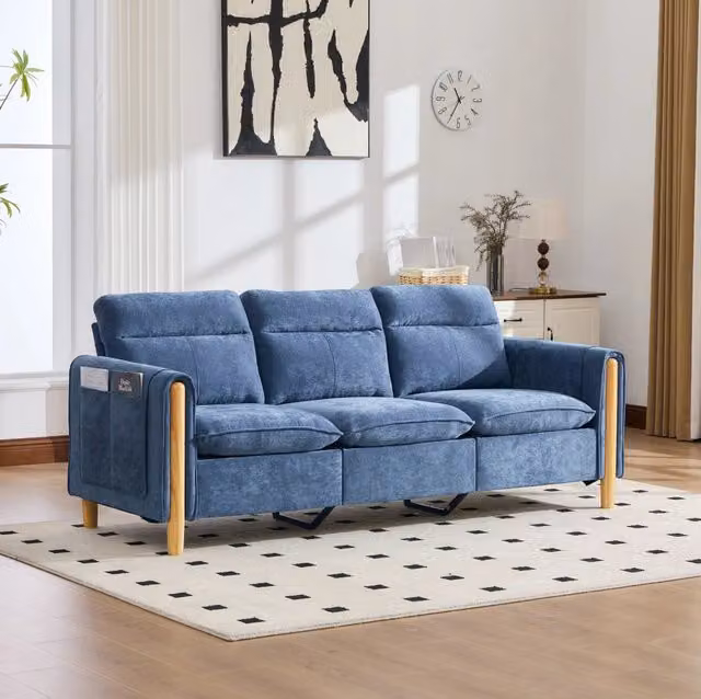 Divano a L 3 posti con pouf contenitore reversibile in ciniglia blu