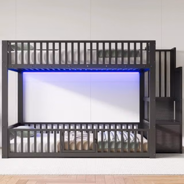 Letto a castello 140x200 con scala contenitore e illuminazione LED; struttura in metallo e MDF; nero