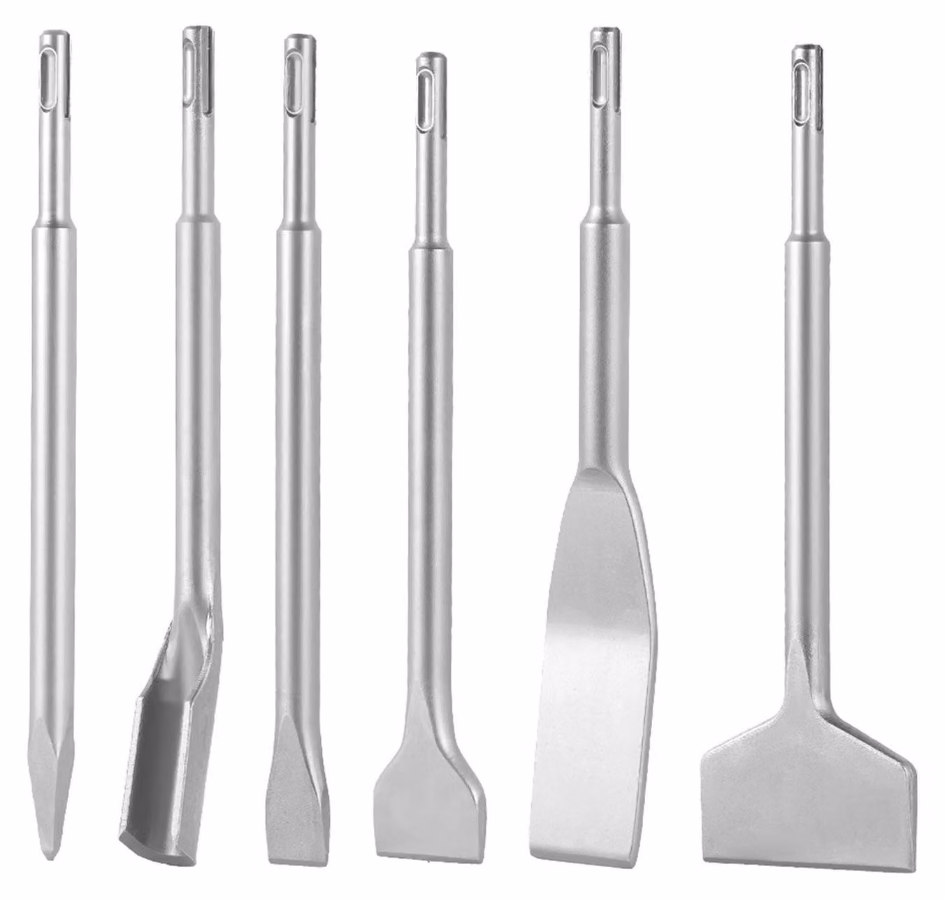 Set di scalpelli SDS Plus, 6 pezzi, accessori per trapano avvitatore SDS Plus, include scalpelli a punta, piatti e a forma di "U", realizzati in acciaio legato 40Cr trattato termicamente, con lama affilata per lavori di demolizione, su cemento e mattoni