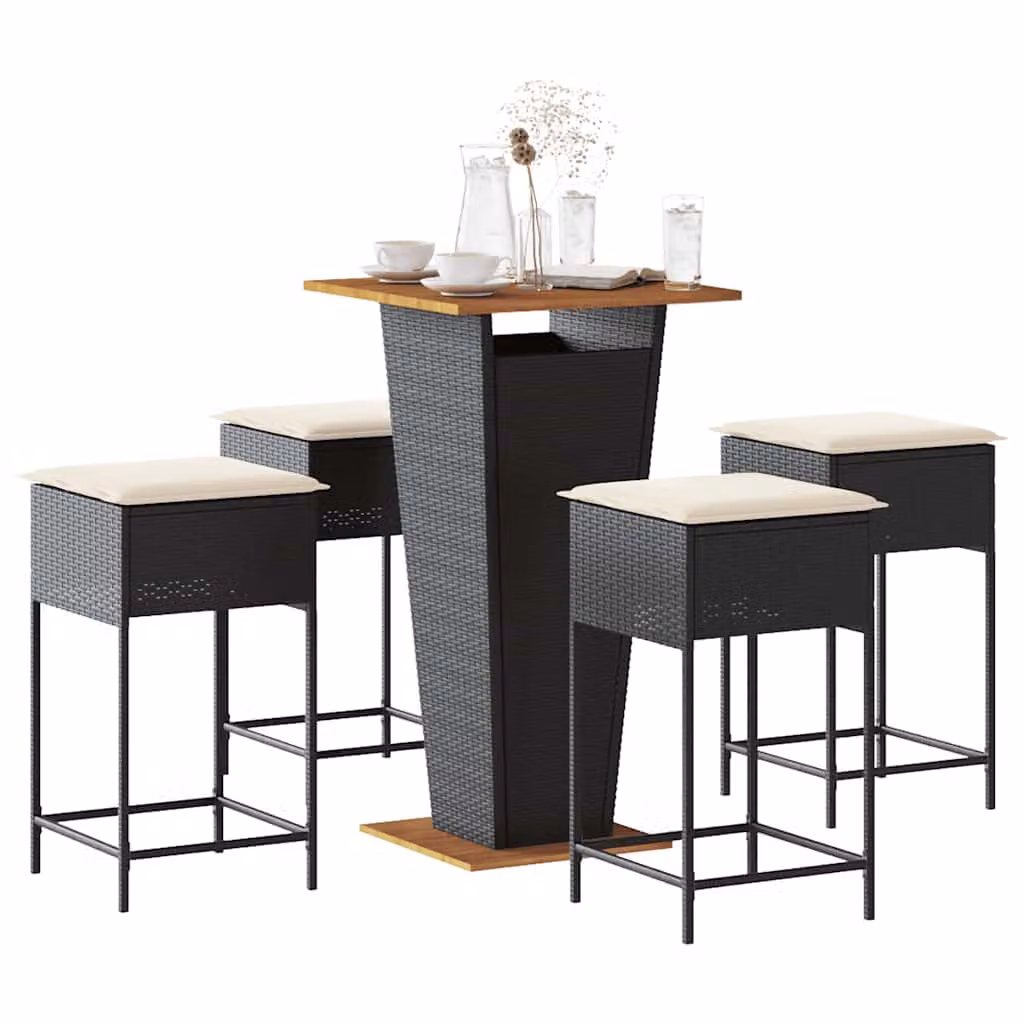 Set Bar da Giardino vidaXL in Polyrattan e Legno di Acacia con Cuscini, 5 Pezzi, Nero e Beige